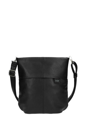 Schwarze Leder-Crossbody-Tasche mit texturierter Oberfläche, oberem Reißverschluss, verstellbarem Riemen und minimalistischem Design. Enthält ein Etiketten-Patch.