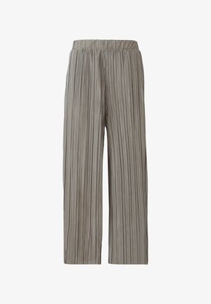 Pantalons larges plissés dans une teinte grise douce, dotés d'une taille élastique et d'une texture douce avec des rayures verticales.