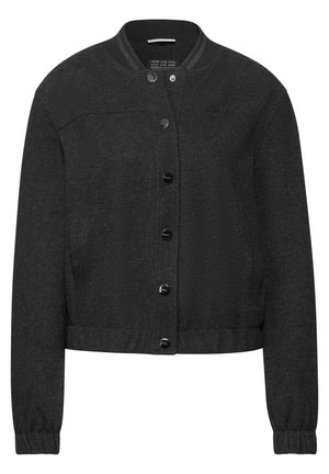 Schwarze, taillierte Jacke mit rundem Ausschnitt, vorderen Knöpfen, langen Ärmeln und elastischen Bündchen. Aus einem strukturierten, gewebten Stoff gefertigt.