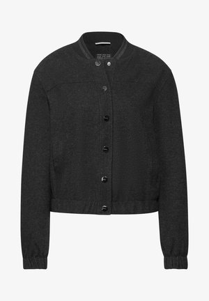 Schwarze, taillierte Jacke mit rundem Ausschnitt, vorderen Knöpfen, langen Ärmeln und elastischen Bündchen. Aus einem strukturierten, gewebten Stoff gefertigt.