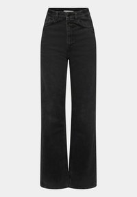 Jeans de denim negros de talle alto con corte de pierna ancha, que cuentan con dos botones frontales y cinco bolsillos para mayor utilidad. Textura suave y color uniforme.
