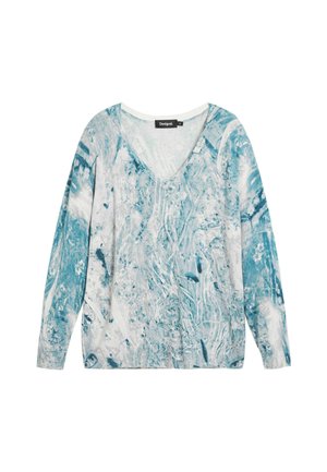 Lyseblå og hvide mønstrede langærmede V-hals sweater med abstrakt design, ribbede manchetter og Desigual mærke indeni kraven.