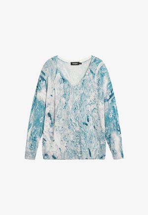 Light blue and white patterned long-sleeve V-neck sweater with abstract design, ribbed cuffs, and Desigual brand label inside collar.
