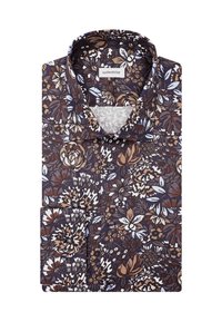 Heren langekleurig overhemd met donkere bloemenprint in bruin, beige, wit en lichtblauw, keurig gevouwen met het merklabel zichtbaar.