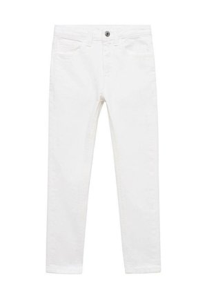 Witte spijkerbroek met knoop- en ritssluiting, lussen voor een riem en voor- en achterzakken, plat weergegeven op een witte achtergrond.