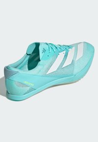 Light blue athletic shoe with a textured mesh upper, white three stripes, and a turquoise sole featuring an "ADIZERO" logo.