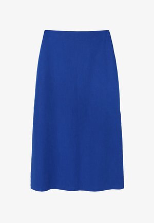 Niebieska lniana spódnica midi o prostym kroju, charakteryzująca się gładką teksturą i bez widocznych zdobień czy wzorów. Prosta podszewka u dołu.