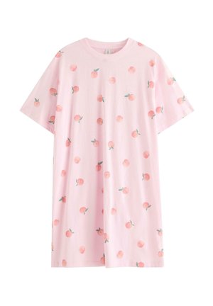 Lyserød kortærmet kjole med spredte små ferskenfrugtprint, rund halsudskæring og løs, afslappet pasform.