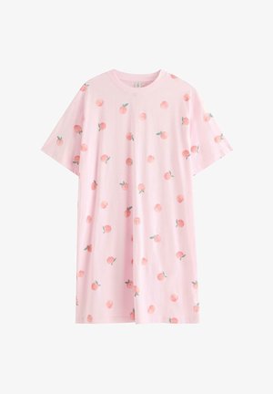 Vaaleanpunainen lyhythihainen mekko, jossa on hajallaan pieniä persikkakuvioita, pyöreä pääntie ja rento, löysä istuvuus.