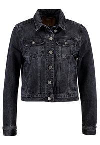 Zwarte spijkerjack met een kraag, knoopsluiting aan de voorkant, twee borstzakken en lange mouwen met manchetten. Klassiek kort model.