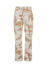 Beige camouflage cargo pants with side pockets, made from fabric with a smooth texture, featuring a straight leg design and a button closure.