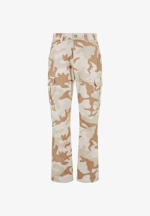 Beige kamuflaažiga cargo püksid küljetaskutega, valmistatud siledast kangast, otse jalgekujundusega ja nööridega kinnitusega.