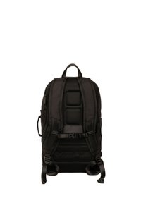 Sac à dos noir avec panneau dorsal en maille rembourrée, bretelles ergonomiques ajustables et une poche latérale zippée pour le rangement.