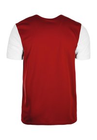 Rotes und weißes kurzärmliges T-Shirt aus glattem Stoff, mit einem einfarbigen roten Rücken und kontrastierenden weißen Ärmeln.