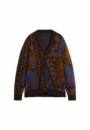 Brown cardigan featuring a paisley pattern in blue and orange tones, with a V-neck, button closure, and ribbed cuffs and hem.