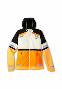 Hooded jacket with a front zipper, black, white, and orange panels, reflective accents, and two front pockets. Lightweight, water-resistant material.