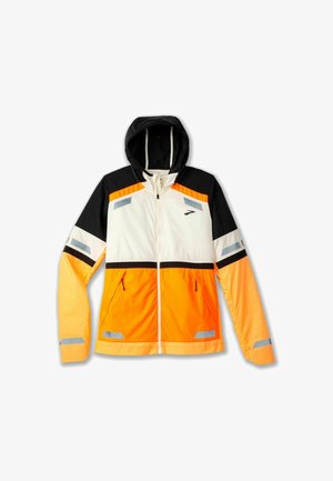 Veste à capuche avec fermeture éclair à l'avant, panneaux noirs, blancs et orange, accents réfléchissants et deux poches avant. Matériau léger et résistant à l'eau.