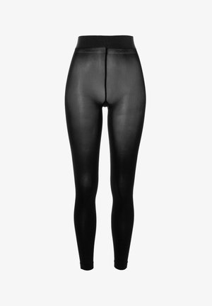 Schwarze, undurchsichtige Leggings mit hohem elastischem Bund. Verfügt über eine glatte Textur und ein dezentes Markenlogo entlang des oberen Randes.