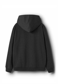 Felpa con cappuccio in tessuto grigio scuro, caratterizzata da un design semplice con polsini e orlo a coste, tessitura liscia e cucitura centrale sul retro.