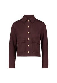 Veste cropped bourgogne avec un col, fermeture à boutons dorés et deux poches avant. Fabriquée dans un tissu lisse avec un design structuré.