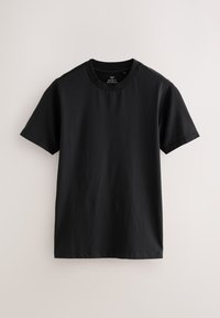 T-shirt noir à manches courtes coupe muscle avec col rond suspendu sur un fond clair, taille M.