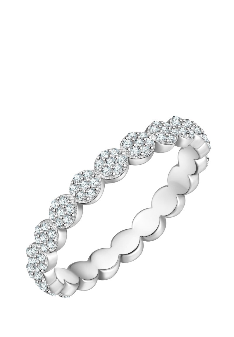 Hõbedast sõrmus, millel on lokkidega serv ja ühtlaselt paigutatud väikeste sädelevate kalliskividega ümmargused klastrid välisserval.