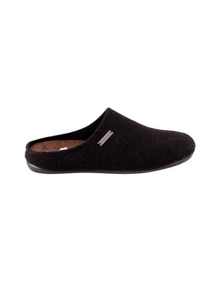 Schwarzer Slip-On-Hausschuh mit geschlossenem Zeh, weicher Filzoberseite, brauner Innensohle und kleinem rechteckigem Markenlabel an der Seite.