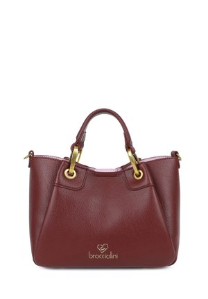 Piccola borsa in pelle rossa scura con due manici superiori, hardware in oro e logo "braccialini" davanti.