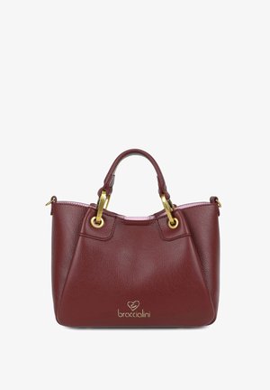 Piccola borsa in pelle rossa scura con due manici superiori, hardware in oro e logo "braccialini" davanti.