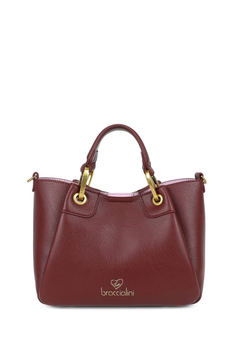 Piccola borsa in pelle rossa scura con due manici superiori, hardware in oro e logo "braccialini" davanti.