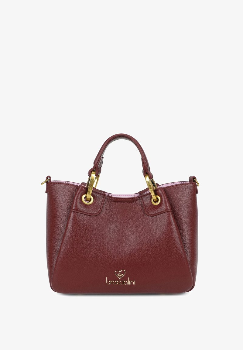 Piccola borsa in pelle rossa scura con due manici superiori, hardware in oro e logo "braccialini" davanti.