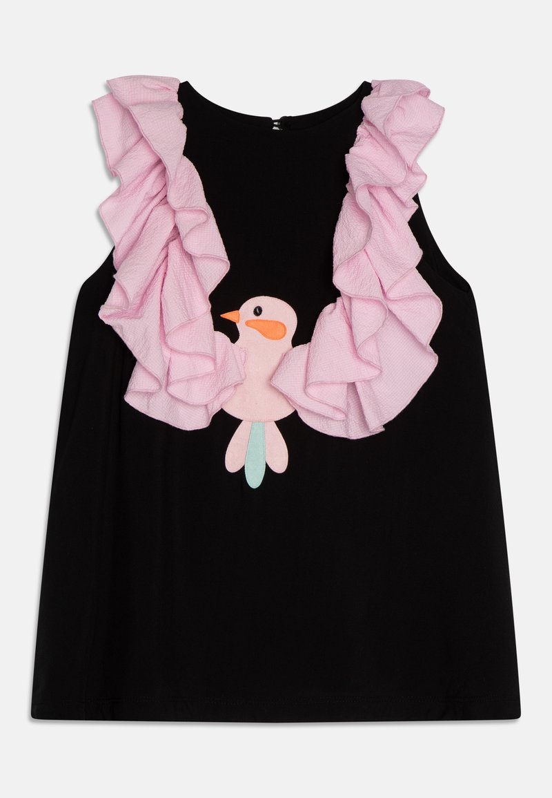 Haut sans manches noir avec un col en dentelle rose et une appliqué d'un oiseau en rose, orange et teal à l'avant.