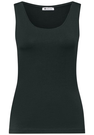 Sort ærmeløs dametop med rund halsudskæring og tætsiddende pasform, mærket Street One indeni kraven.