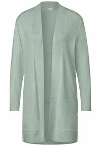 Ljusgrön kardigan i mjukt stickat material. Har öppen front, långa ärmar och ribbade detaljer längs kragen och fållen.