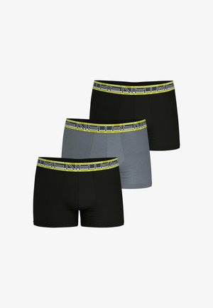 Trois paires de boxers homme en noir et gris, chacune avec une ceinture de marque jaune et grise.