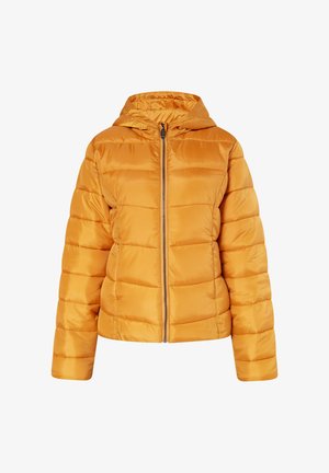 Żółta kurtka puchowa z kapturem, z przednim zamkiem błyskawicznym i pikowanym wzorem. Materiał jest gładki z delikatnym połyskiem.