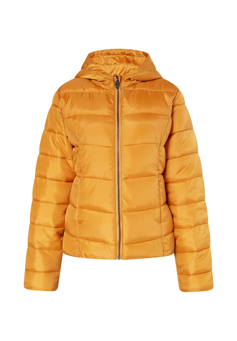 Gul pufferjakke med hætte, der har en frontlynlås og kviltet design. Materialet er glat med en let glans.