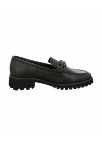 Mocassin en cuir vert foncé avec un accent tissé marron sur le dessus, doté d'une semelle en caoutchouc noire épaisse avec des rainures pour la traction.