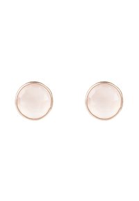 Pendientes de tuerca redondos con una piedra facetada de color rosa claro, engastada en un delgado bisel de metal dorado rosado, con textura suave y acabado pulido.