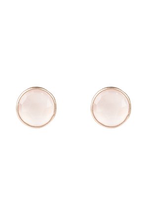 Boucles d'oreilles rondes en métal rose gold, ornées d'une pierre rose clair facettée, encastrée dans un fin sertissage en métal, avec une texture lisse et une finition brillante.
