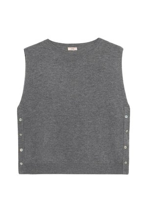 Grauer ärmelloser Pullover aus Strickstoff mit Rundhalsausschnitt und dekorativen Knöpfen an den Seiten. Einfaches und minimalistisches Design.