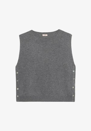 Grauer ärmelloser Pullover aus Strickstoff mit Rundhalsausschnitt und dekorativen Knöpfen an den Seiten. Einfaches und minimalistisches Design.