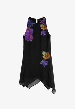 Černé bezramenné šaty s barevným květinovým potiskem. Lehce splývavý materiál, asymetrický lem a detail s klíčovou dírou na zádech.