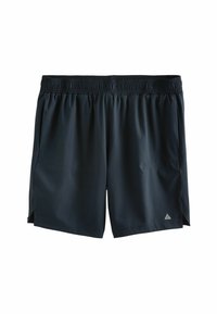 Black athletic shorts with an elastic waistband, two side pockets, soft texture, and side slits for flexibility. Small logo on the lower hem.