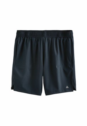 Black athletic shorts with an elastic waistband, two side pockets, soft texture, and side slits for flexibility. Small logo on the lower hem.