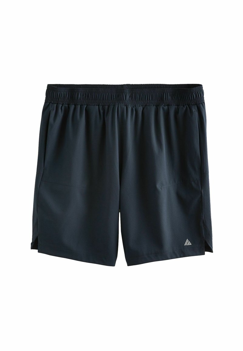 Black athletic shorts with an elastic waistband, two side pockets, soft texture, and side slits for flexibility. Small logo on the lower hem.
