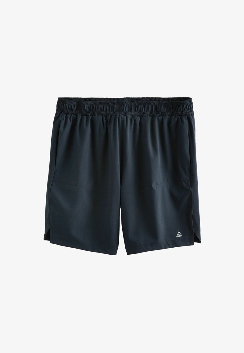 Black athletic shorts with an elastic waistband, two side pockets, soft texture, and side slits for flexibility. Small logo on the lower hem.