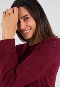 Maglione lavorato a maglia bordeaux con una finitura texturizzata, scollo rotondo e maniche lunghe. Il design presenta dettagli a motivi sottili sul tessuto.