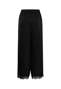 Pantalon noir en satin à jambes larges, ceinture élastique et finition en dentelle à l’ourlet, présenté sur fond blanc.
