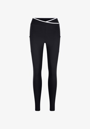 Leggings neri a tutta lunghezza con vita alta che presenta un dettaglio di fascia bianca incrociata su uno sfondo bianco semplice.